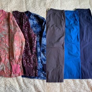 Lot of 3 scrub sets- 3 pants & 3 jackets/lab coats by Scrub Med